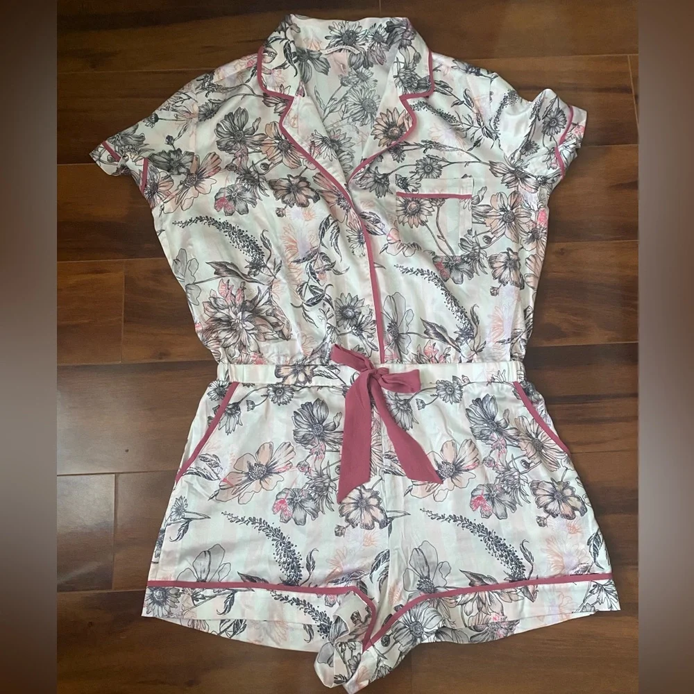 Victoria's Secret White Floral Pajama Romper with Pink Trim